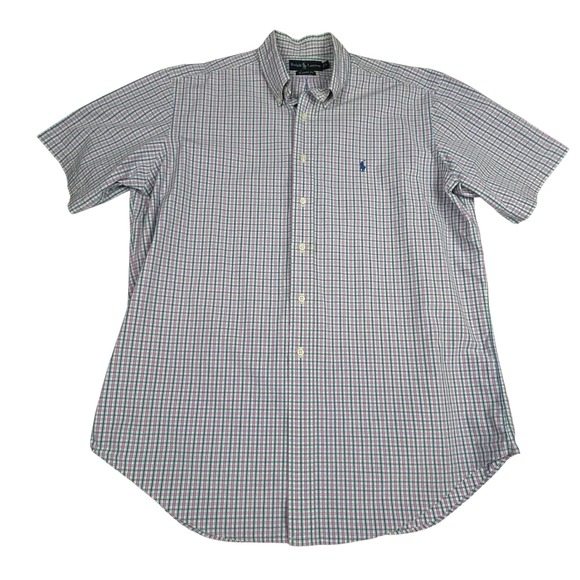 Ralph Lauren EUC Button Down Shirt Men's L Pink Blue Plaid Short Sleeve Cotton - Picture 2 of 9